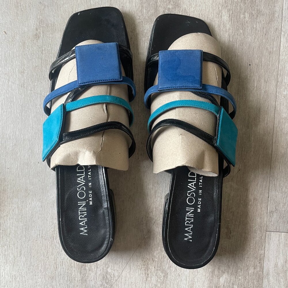 Martini Osvaldo Made In Italy Patten Leather Blue Square Cut Out Sandals